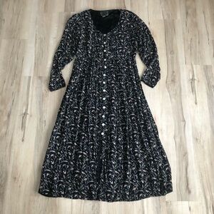 April Cornell Black Floral Long Sleeve Button-Front Dress
